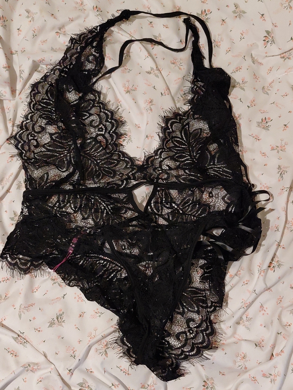 Sheer Black Lace Halter Teddy Bodysuit - Women's Intimates